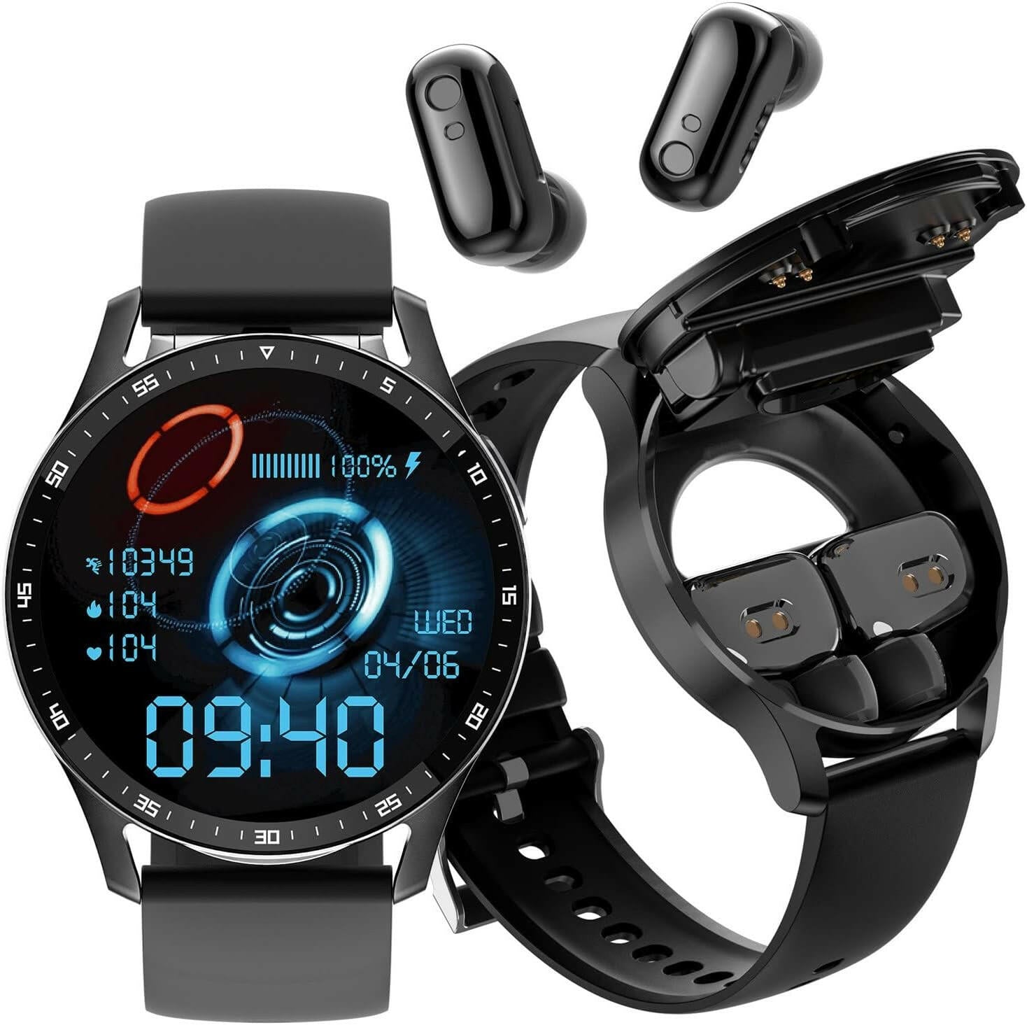 Smartwatch with Integrated 2-in-1 Earbuds.