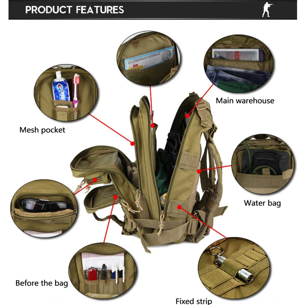 Tactical Outdoor Backpack: Durable 600D Nylon, Waterproof for Hiking, Camping & Hunting