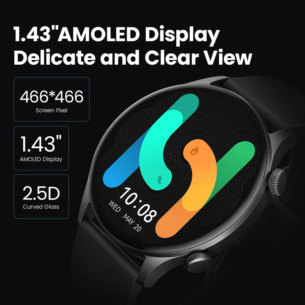 Solar Plus RT3: Bluetooth Call Smartwatch with 1.43" AMOLED, Health Tracking, IP68 Waterproof.